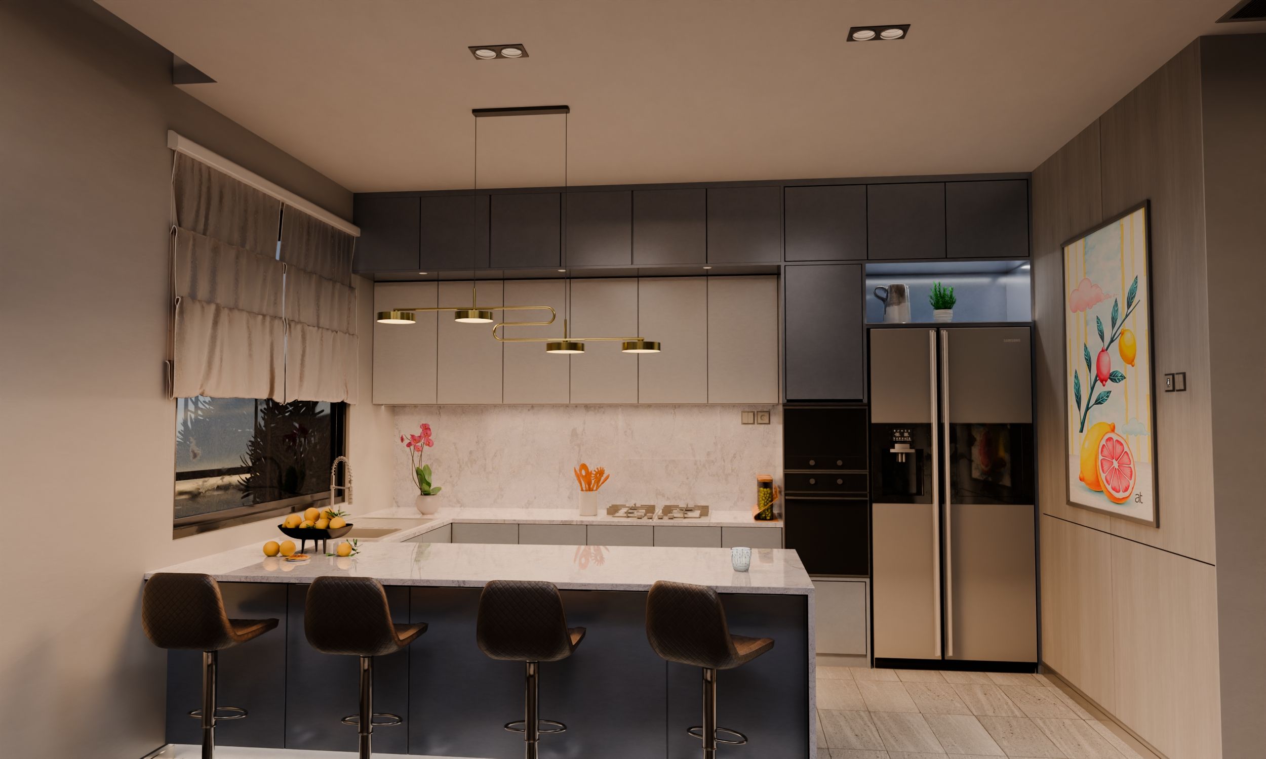 Ansicht der Küche, fotorealistisches 3D Rendering.