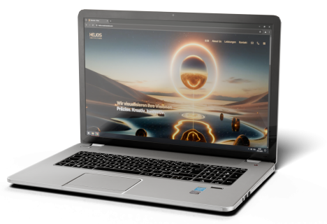 3D Darstellung eines Laptops mit der Startseite von Helios auf dem Bildschirm.