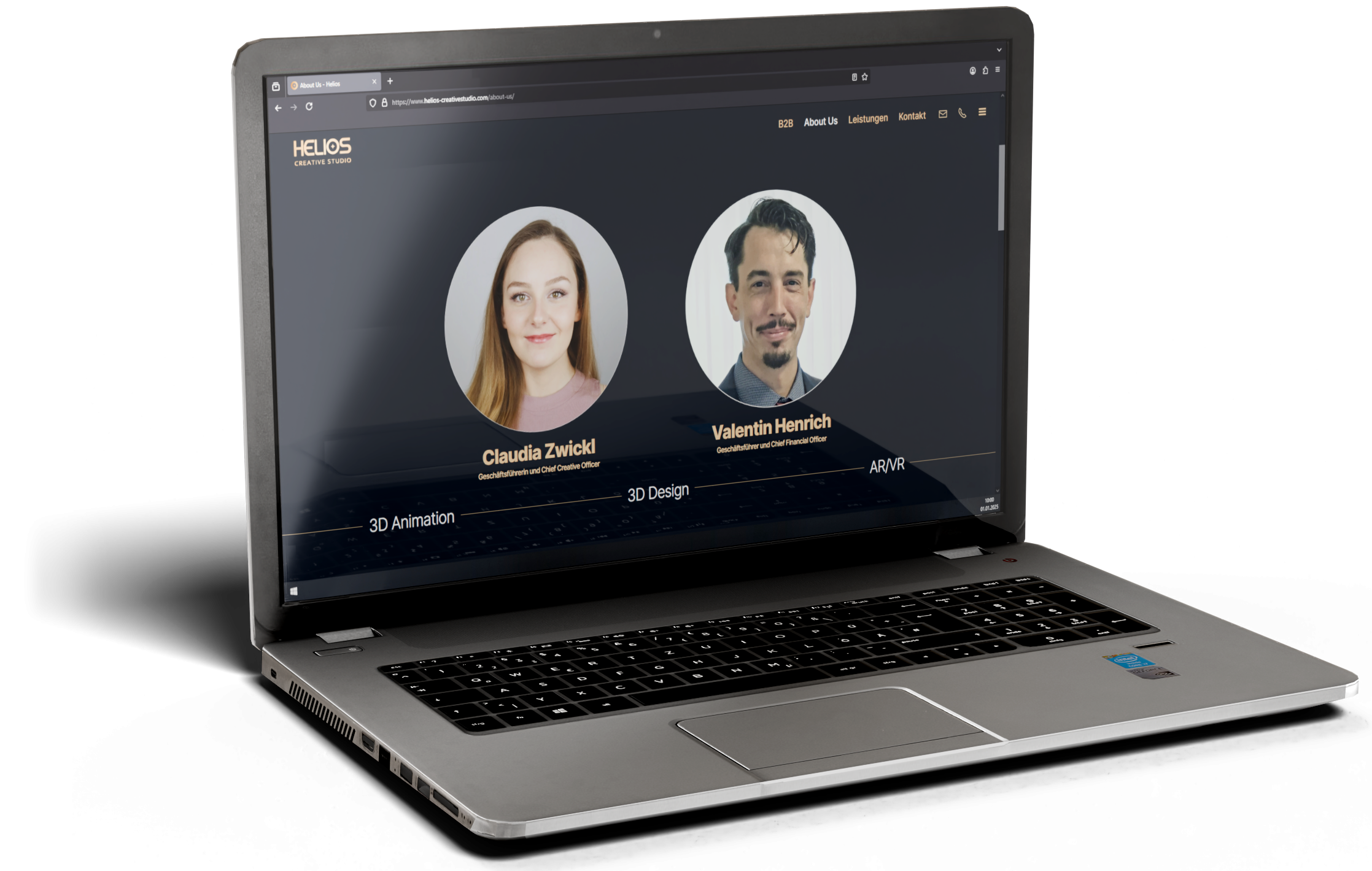 3D Darstellung eines Laptops mit der Startseite von Helios auf dem Bildschirm.